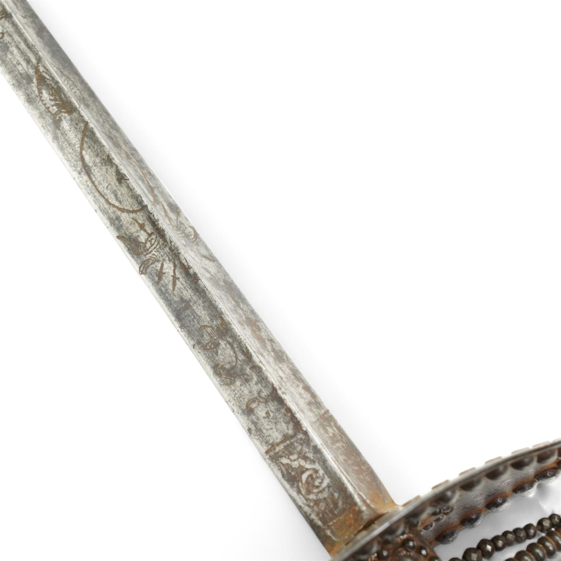 19th century French court sword, the triangular blade with floral and scroll decoration, cut steel hilt and oval guard, blade length 85cm