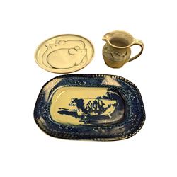 Elizabeth Bailey earthenware jug and plate, decorated with mice, together with a Victorian Ware blue and white cow plate