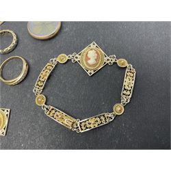 9ct gold jewellery including three stone set rings, signet ring, bracelet, locket necklace and four leaf clover pendant, together with silver jewellery and costume jewellery, in glass jewellery box