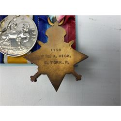 WW1 father and son medal groups comprising British War Medal and Mercantile Marine Medal awarded to Captain Allanson Hick and British War medal, 1914-15 Star and Victory Medal awarded to 1198 Pte. Allanson Hick E. York. R. with biographical information. N.B. Allanson Hick Jnr. of Hull was a celebrated architect and renowned marine artist being a founder member of the Society of Marine Artists (RSMA).
