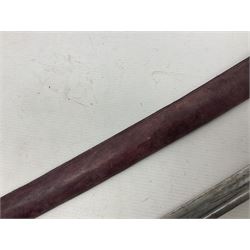 Copy of a WWII Japanese NCO sword, the 65cm slightly curving blade stamped with pseudo Japanese characters and cast brass simulated cord bound grip; in officer's leather bound field scabbard L97cm overall