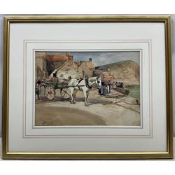 Robert Jobling (Staithes Group 1841-1923): Horse and Cart Waiting for the Boats on Seaton Garth - Staithes, watercolour signed 25cm x 35cm