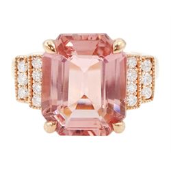 18ct rose gold pink tourmaline and diamond ring, emerald cut tourmaline of 5.21 carat, with milgrain set round brilliant cut diamond stepped design shoulders, stamped 750, with World Gemological Institute report