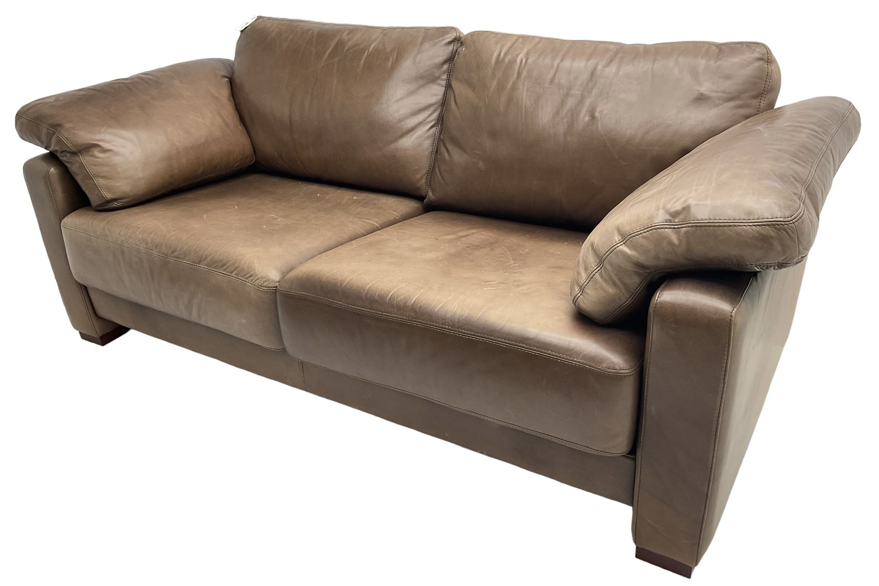 Heals - contemporary two seat 'Palermo' sofa, upholstered in chocolate brown leather, raised on wooden block feet