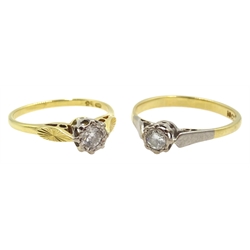 Two 18ct gold single stone diamond rings, illusion set, stamped or hallmarked