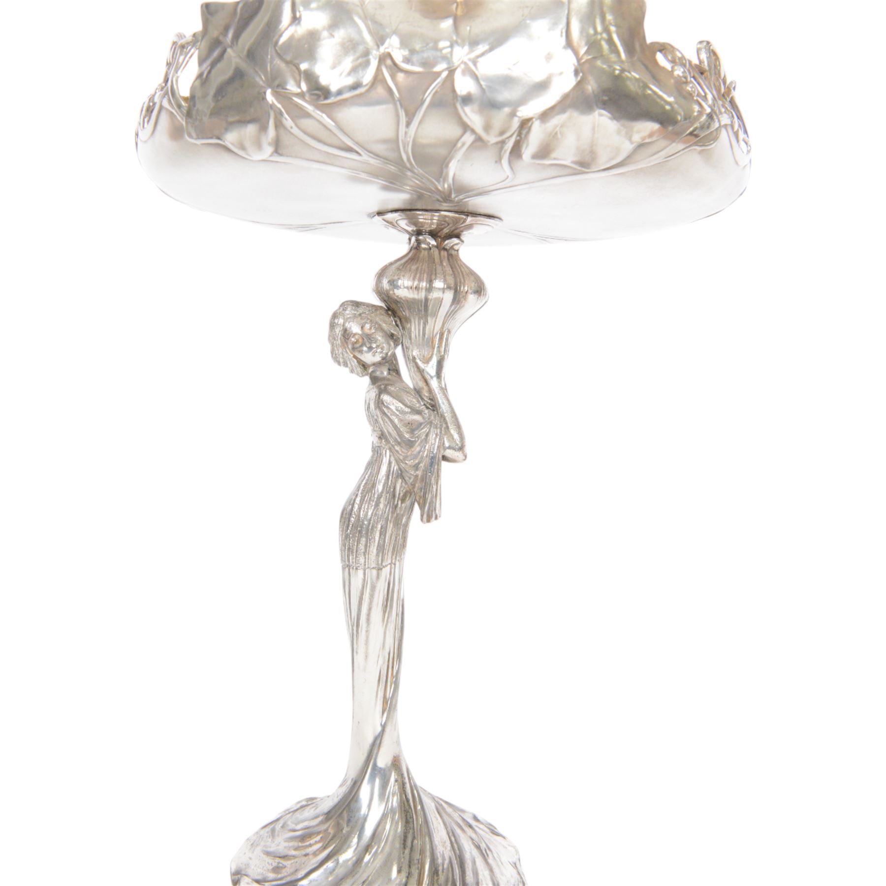 WMF figural centre piece the pedestal in the form of a woman, holding flower bud, the bowl decorate with vine leaves and berries, mark stamped to base, H38cm