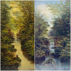 David Motley (British 19th century): River Landscape with Bridge and Angler, pair oils on board signed and dated 1882 & 1884, 40cm x 20cm (2)