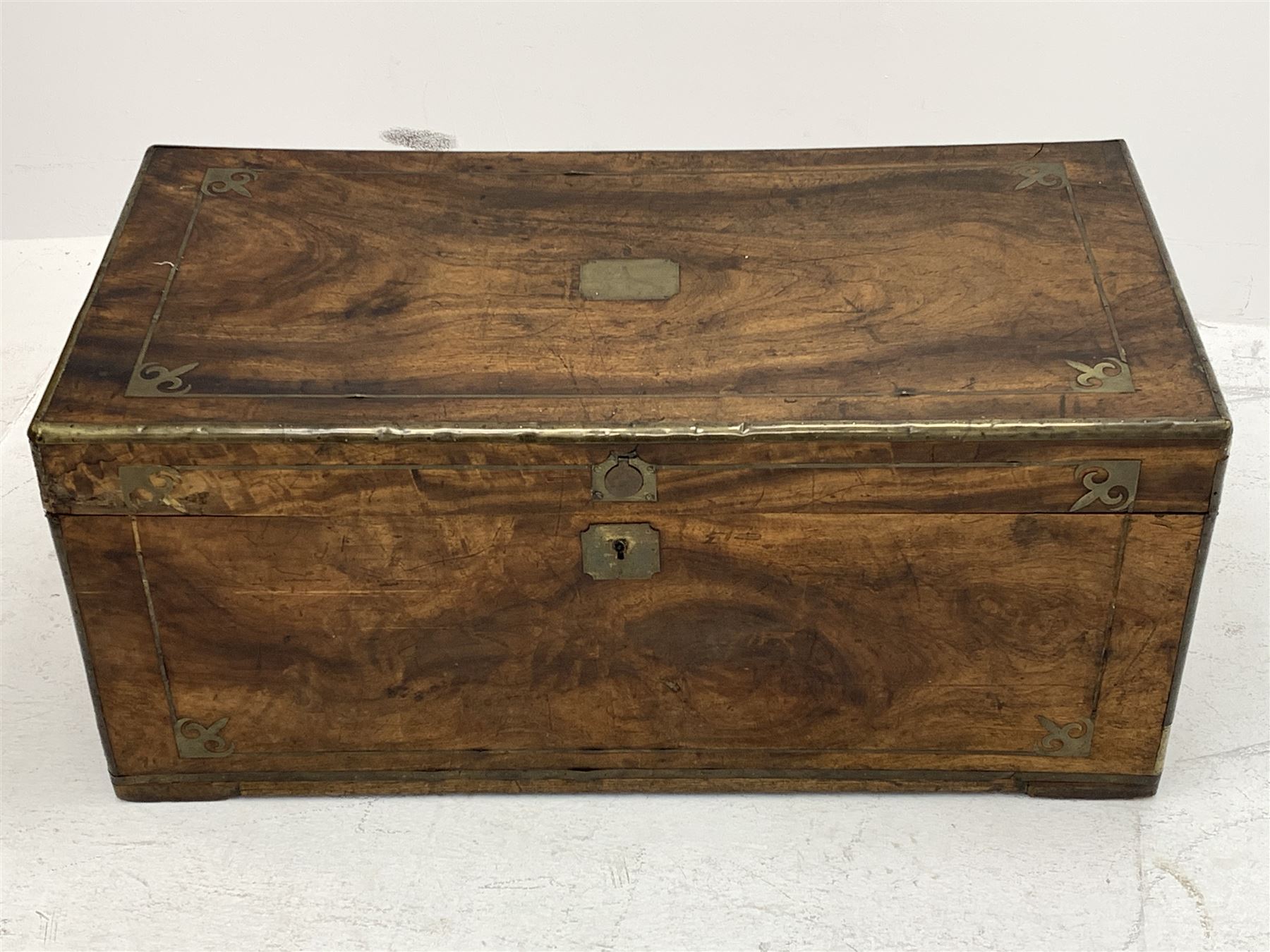 19th century brass bound camphor wood campaign chest, with decorative brass inlays and carrying handles, W91cm, H41cm, D46cm