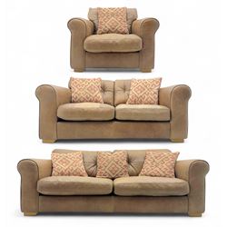 Alexander & James 'Pemberley' lounge suite; two sofas and an armchair upholstered in tan l...