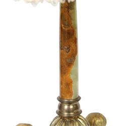 Second Empire style gilt metal table lamp, the hexagonal plinth base with applied foliate decoration, upon six turned feet, supporting three seated allegorical putti, the first modelled with a tablet and stylus representing literature, the second with hammer representing sculpture, and the third with Corinthian column capital representing Architecture, each intersected by a stylised scroll with central flower head panel, mounted upon an onyx and gilt metal Corinthian column with wrythen flower moulded and part fluted base, supporting a cream octagonal shade, overall H86cm