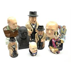 Collection of Winston Churchill figures, to include three graduated Royal Doulton toby jugs, Manor Limited Editions Forcies Churchill character jug, Bairstow Manor Pottery Bust, Bronte Sir Winston Churchill Lord Warden of the Cinque Ports snuffer, etc., together with two pieces of Crested ware. (10).