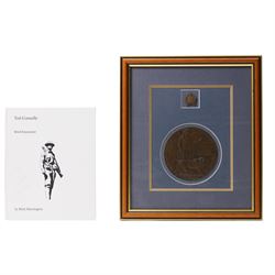 WWI death plaque awarded to Ted Connelly, framed with Canadian General Service cap badge, ...