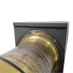 Late 19th century Voigtlander & Sohn large brass Euryscop lens no. 8 serial no. 31590, mounted to long black wooden box, with leather lens cover and seven brass Waterhouse stops, lens case D19cm