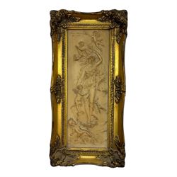 Composite relief panel, after Francois Duquesnoy, depicting a nymph and four putti, together with a further composite relief plaque depicting a Satyress with child, both in ornate gilt frames, tallest H54cm