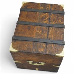 19th century oak and metal bound box, hinged lid enclosing vacant interior, bound with wrought metal straps and fitted with brass corner caps, two heavy weight brass carrying handles 