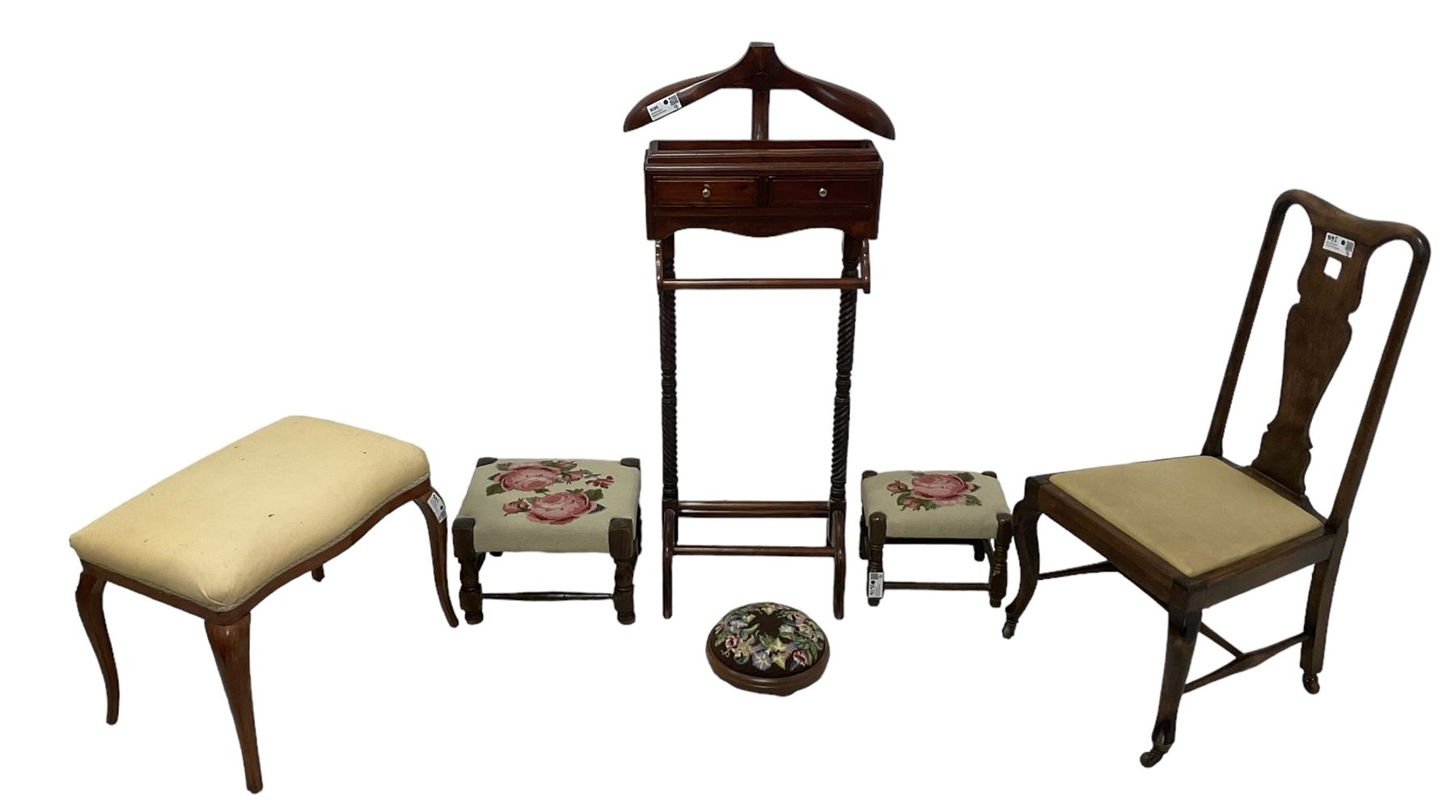 Mahogany valet stand; mahogany dressing stool with cabriole supports; three footstools with tapestry seats; Georgian design chair on castors (6)