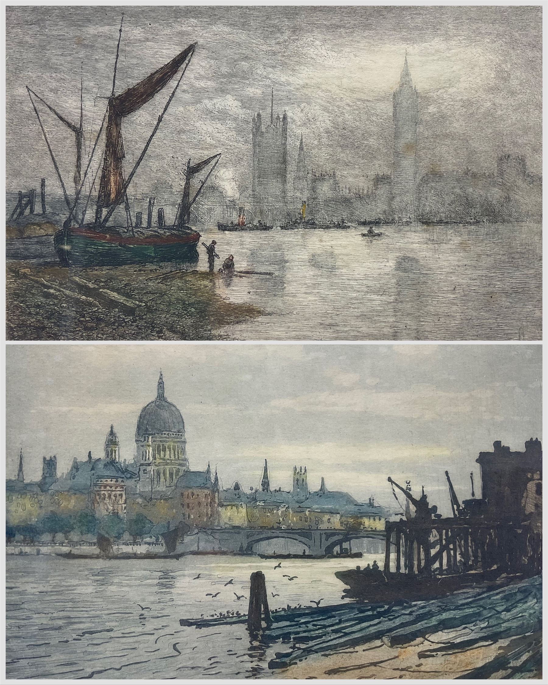 Claude Rowbotham (British 1880-1920): 'Westminster' and 'St Paul's from Blackfriars',  pair aquatint etchings signed and titled 17cm x 25cm (2)