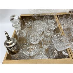 Cult glass claret jug with silver plated mounts, together with two decanters and other glassware to include, Stuart crystal candle holders, wine glasses, tumblers etc, in two boxes 