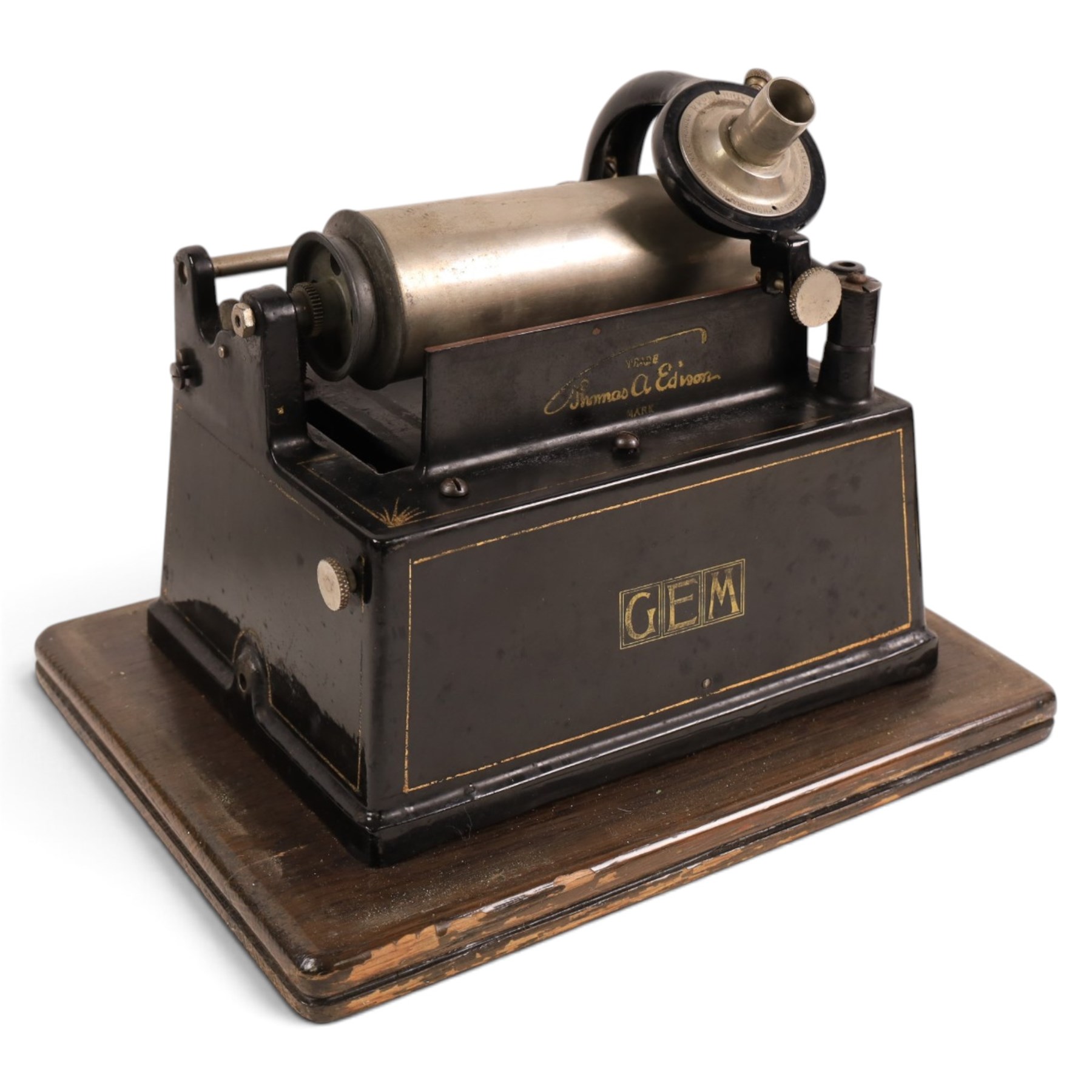 Early 20th century Edison GEM phonograph, in oak case, serial number G72256, with brass and black horn and a collection of wax cylinders