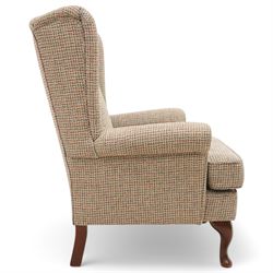 Whitehead designs - Georgian design 'Oakham' wingback armchair on cabriole legs with pad feet, upholstered in pink tweed fabric