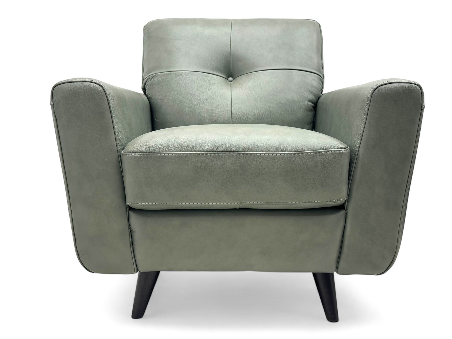 DFS - contemporary 'Camper' two seat sofa, upholstered in French grey leather with button back detailing, on splayed supports (W144cm, D84cm, H76cm); matching armchair (W90cm, D84cm, H76cm)