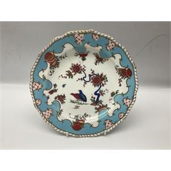 19th century Royal Crown Derby in cherry tree pattern, twin handled sauce dish and saucer and twin handled dish, together with three Royal Crown Derby plates, including one signed WEJ Dean