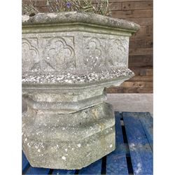 Large gothic design octagonal cast stone centre-piece urn olanter, quatrefoil decoration 