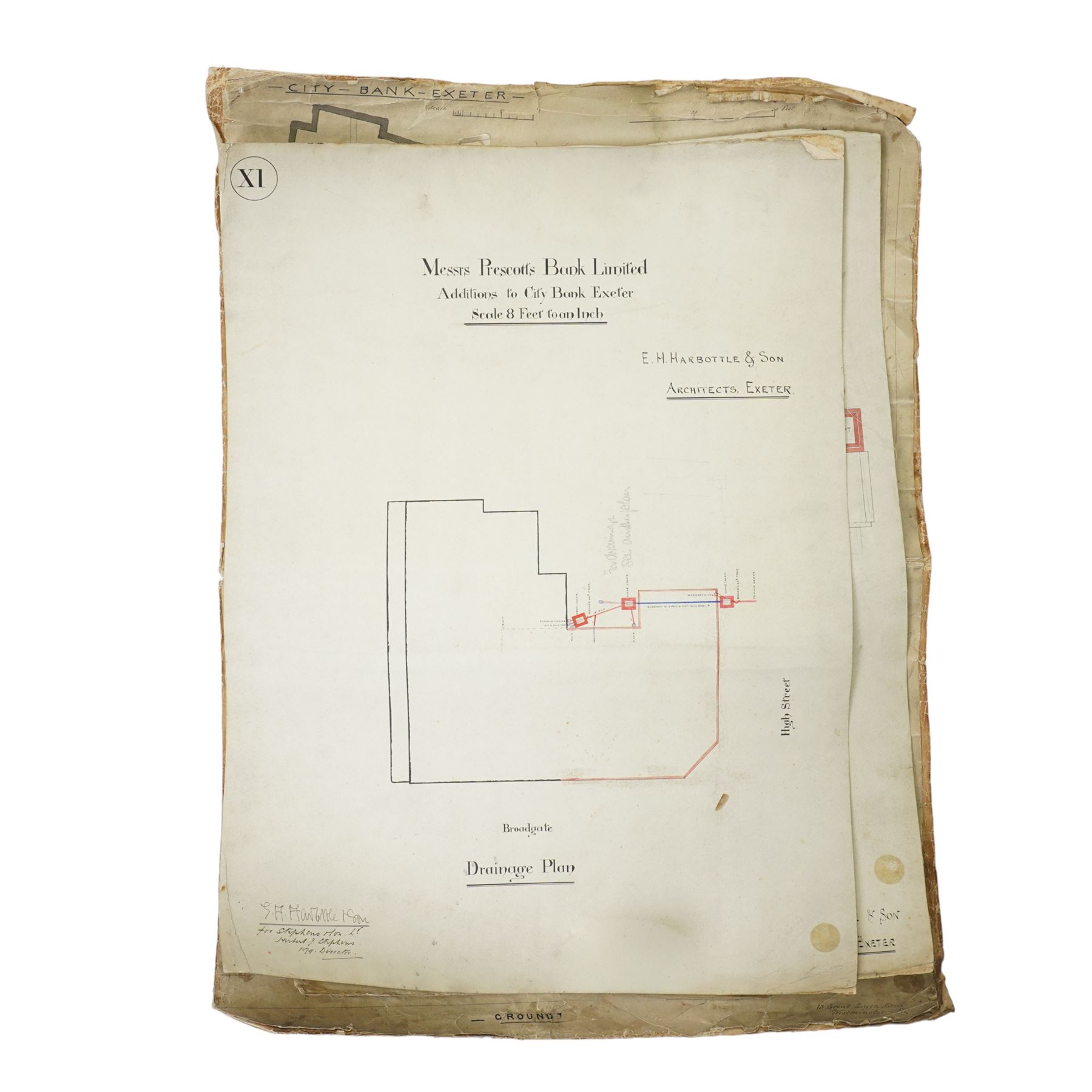  E H Harbottle & Sons Architects, Exeter - Set of architects drawings for additions to Prescott's Bank Ltd, Exeter mostly scale of 4ft to 1 inch