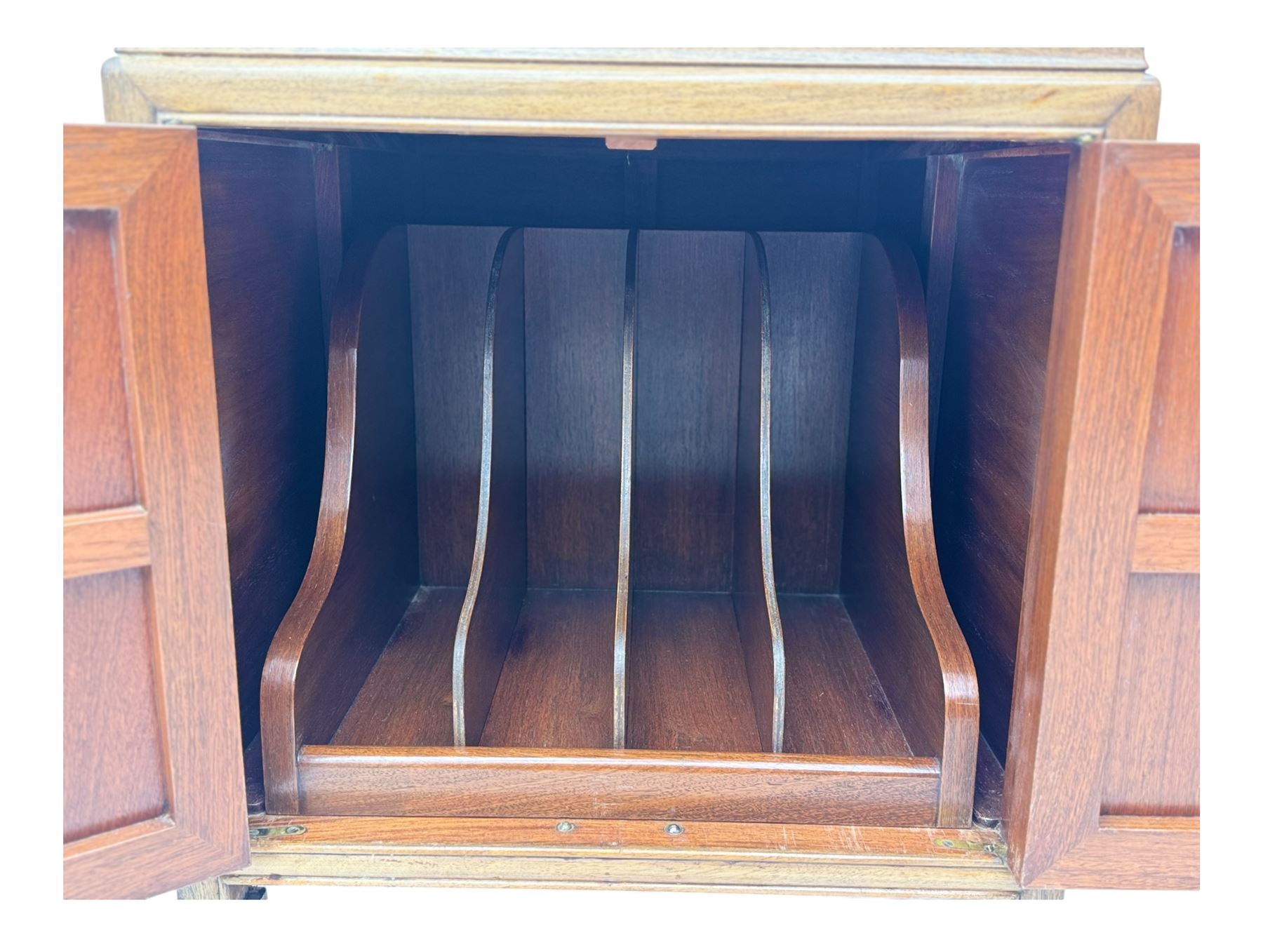 Chinese hardwood end table, rectangular form fitted with double cupboard, enclosed by panelled doors, on scroll carved supports (W51cm, H56cm, D66cm); Chinese hardwood end table, rectangular form fitted with single drawer over under tier (W51cm, H56cm, D66cm)