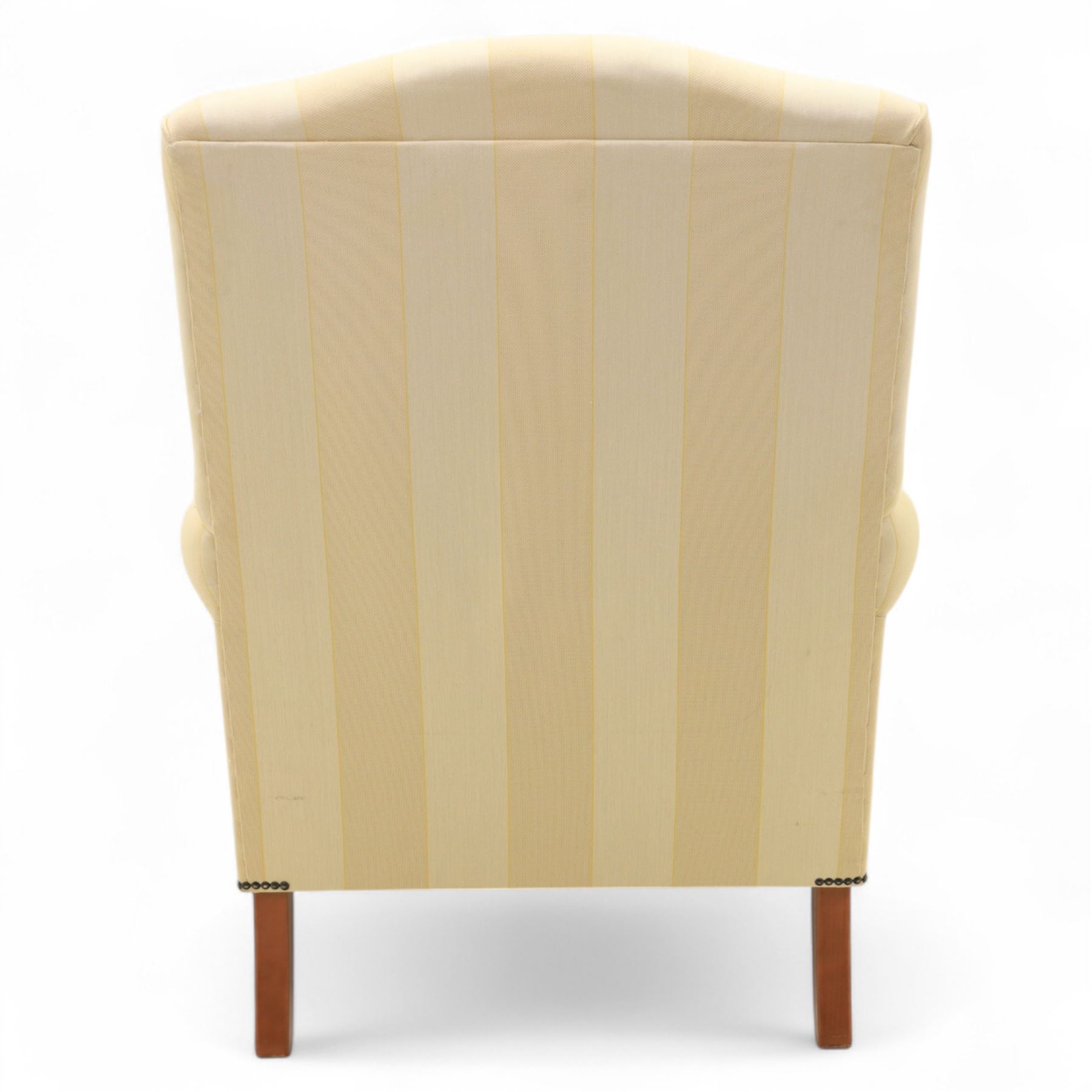 Wesley-Barrell - Georgian design traditional shaped armchair with rolled arms, sprung back and loose seat cushion upholstered in beige striped fabric with gold piping, raised on cabriole supports with ball and claw feet