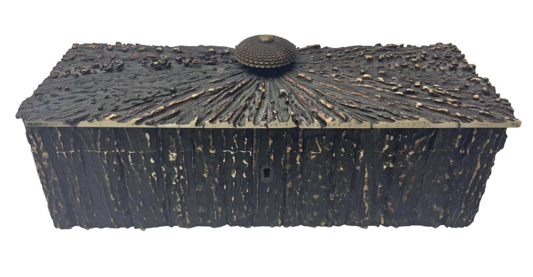 19th century elk horn and cedar wood box, with carved finial, H12cm, L27cm