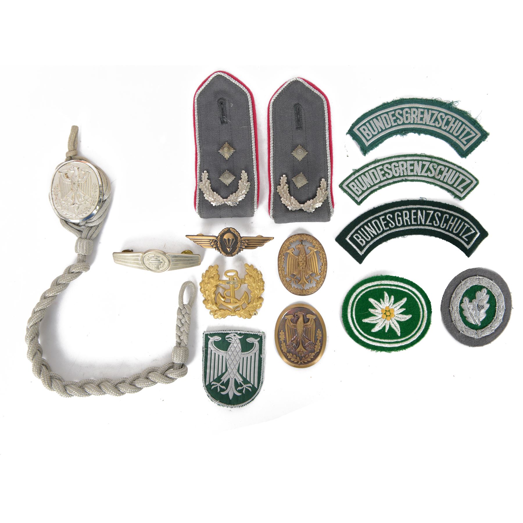 West German Bundeswehr military badges for army, navy and airforce, together with army lanyard
