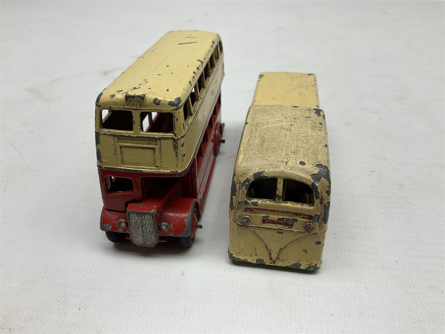 Dinky - Bedford 10cwt Van 'Kodak' No.480, boxed; and six unboxed and playworn models including Trojan Chivers Jellies van, loudspeaker van, Daimler Ambulance, N.C.B. Electric Van and two buses (7)