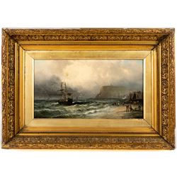 William Anslow Thornley (British fl.1858-1898): 'Rough Weather - North Bay Scarborough', oil on canvas signed with pseudonym WA Thornbery, titled on the stretcher verso 24cm x 44cm