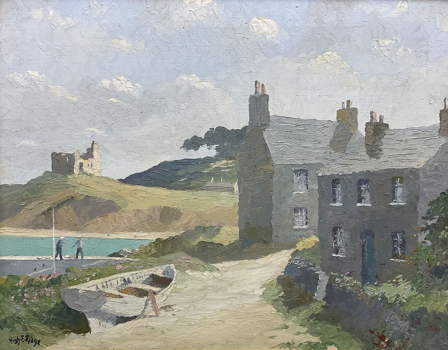 Hugh E Ridge (Bridge 1899-1976): 'Cottages at Old Grimsby, Tresco, Isles of Scilly', oil on canvas signed, titled on artist's studio label verso 39cm x 49cm 
Notes: Sold with a signed letter from the artist thanking the purchaser dated 11.7.76