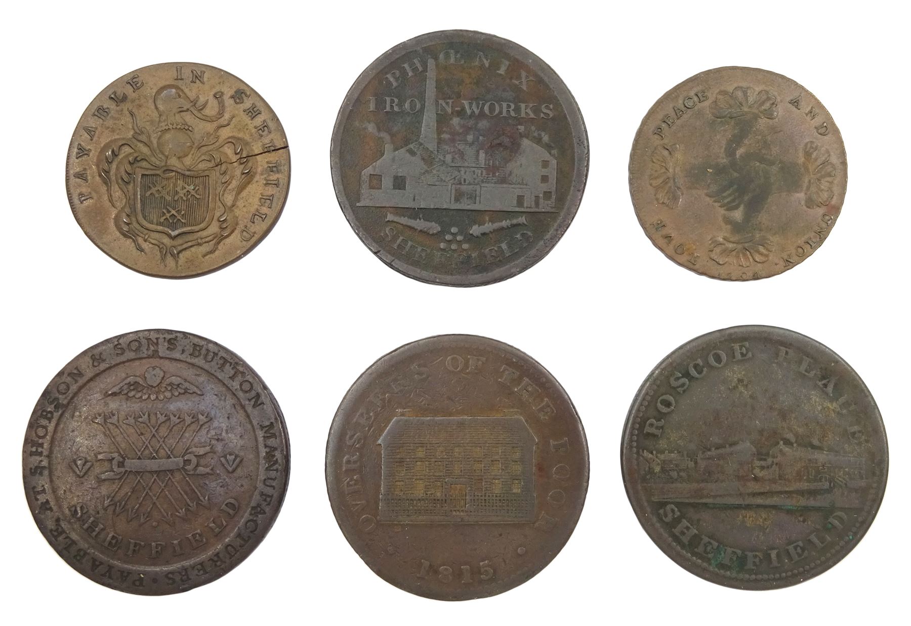 Six 18th and 19th century Sheffield tokens including 1794 half penny, 1812 Roscoe Mills one penny, 1813 Phoenix Iron Works one penny etc

