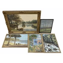 Large gilt framed landscape oil and four pastels (5)