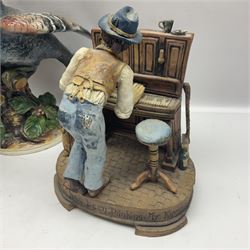 Capodimonte figure, modelled as a bird upon a perch, together with a Country Artists Tawny owl figure and a figure modelled as a man playing the piano, Capodimonte H34cm