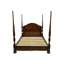 Regency design 6’ SuperKing mahogany bedstead, shaped headboard with crossbanding and sunburst veneer with moulded edge, the four posts with finials and reeded coration with urn shaped bases, on four stepped plinth bases