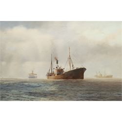 David C Bell (British 1950-): Hull Trawler 'Kingston Ruby H477' and other Shipping on the Humber, oil on canvas signed 60cm x 90cm