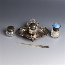 Victorian silver inkwell stand, with silver topped inkwell, hallmarked Lawrence Emanuel, B...