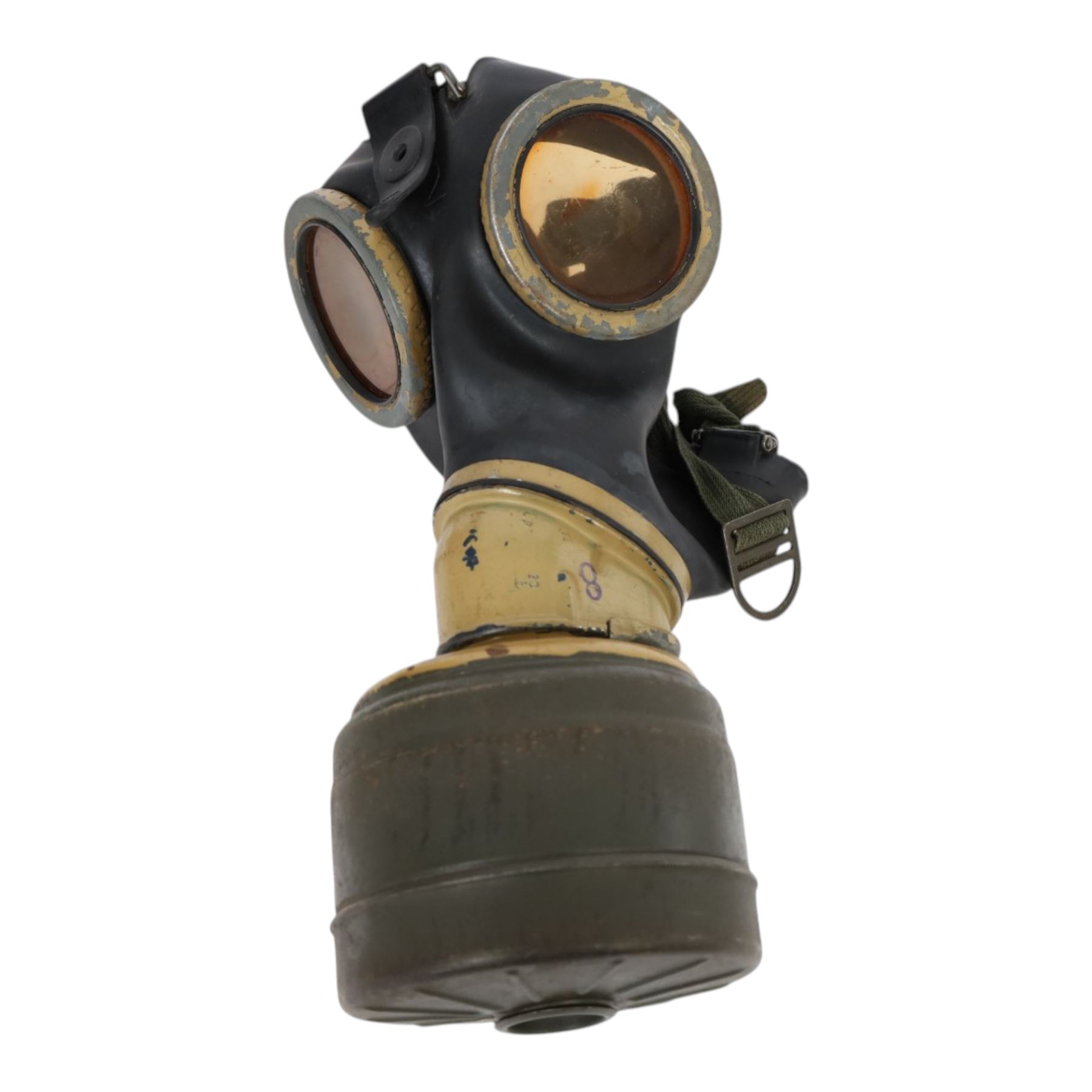 WWII German armed forces gas mask, housed in the original issue tin, tin H27cm