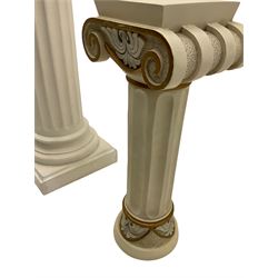 Classical Ionic style column in white finish with scrolled capital, fluted body on moulded plinth base (H97cm), and a similar small column stand (H68cm)