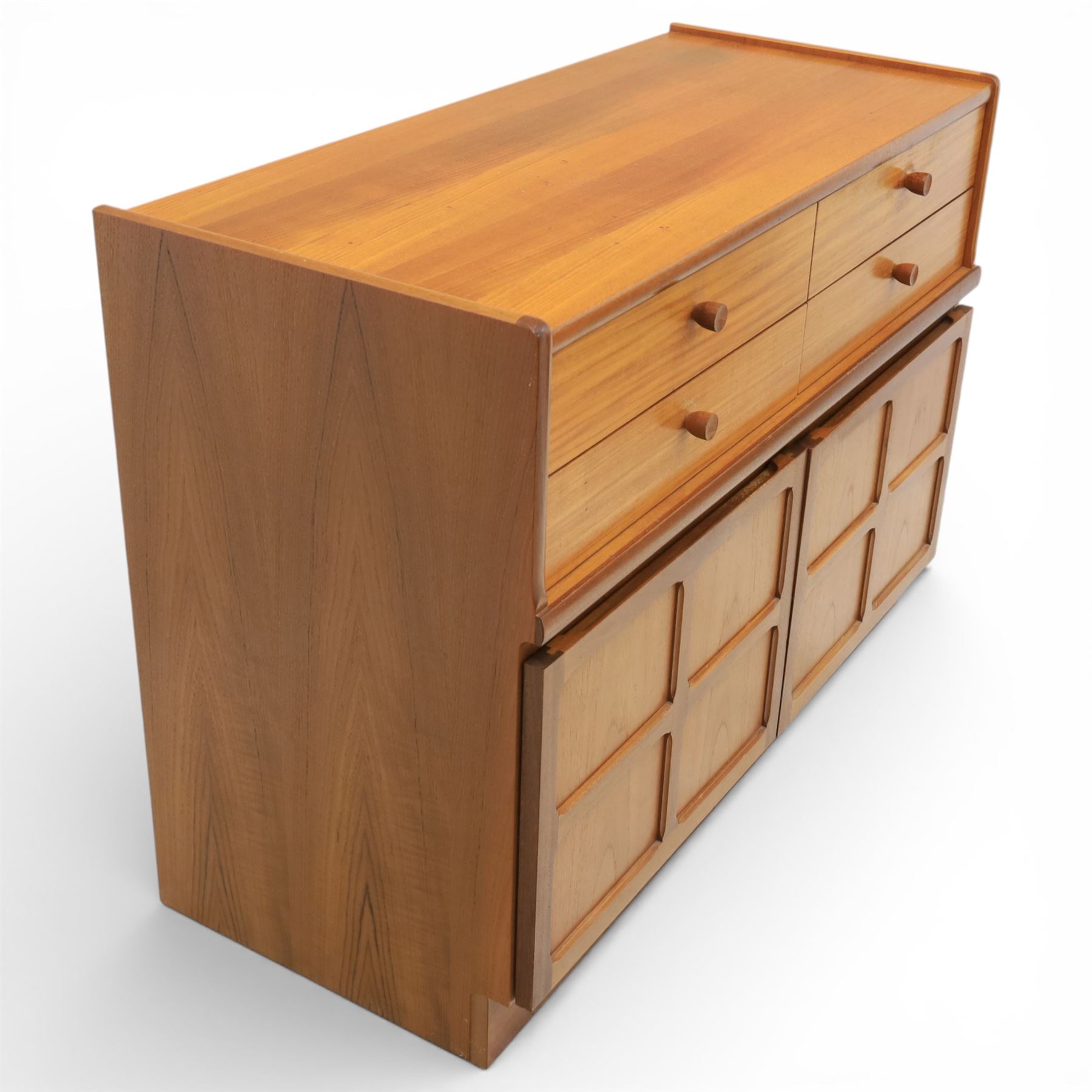 Nathan - 'Squares' pair of sideboards, rectangular top over four short drawers, above signature square panelled cabinet doors on a recessed plinth base