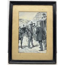 Stanley Llewellyn Wood (Welsh 1866-1928): A Dispute with the Cowboys, gouache en grisailles signed 32cm x 22cm