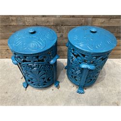 Pair of blue painted cast iron garden bins