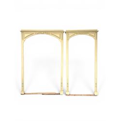 Two large painted pine window or door surrounds, square cornice with arch top, applied mouldings (widths 180cm and 130cm)