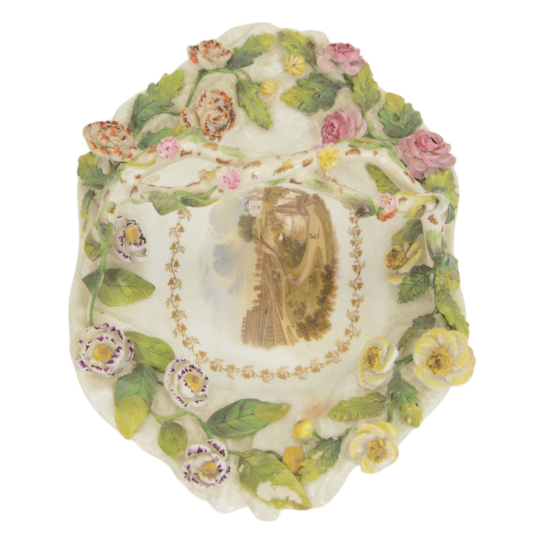 Early 19th century Rockingham porcelain basket, circa 1830, of elongated octagonal shape with gilt entwined, encrusted handle, the centre painted with a view of 'New Cemetery Liverpool', the rim encrusted and moulded with flowers and leaves, with puce Griffin mark and titled beneath, including handle H10.5cm W23cm