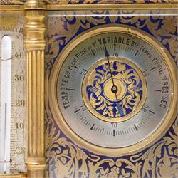 French-late 19th century combination brass carriage timepiece with barometer, thermometer and compass, with a fluted T bar handle and eight matching columns with turned finials, bands of fretted brass to the base and cornice and conforming decoration to the dial masks and dial centres, with silvered chapters to the time dial and barometer and a mercury thermometer between, the top with a circular bevelled viewing glass to the escapement and compass to the other, with a single train 8-day movement and cylinder platform escapement.  With key.