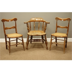  19th century elm and beech smokers bow armchair, turned spindle back, double 'H' stretcher base and a pair 19th century beech cane seat chairs  